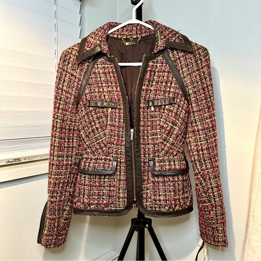 Bebe Wool Blend Tweed Blazer Leather Trim Jacket Coat Gold Hardware Size 2 XS-S